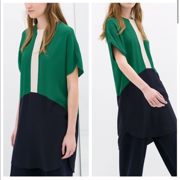 NWT ZARA COLORBLOCK NAVY GREEN TUNIC TOP DRESS - Picture 3 of 13